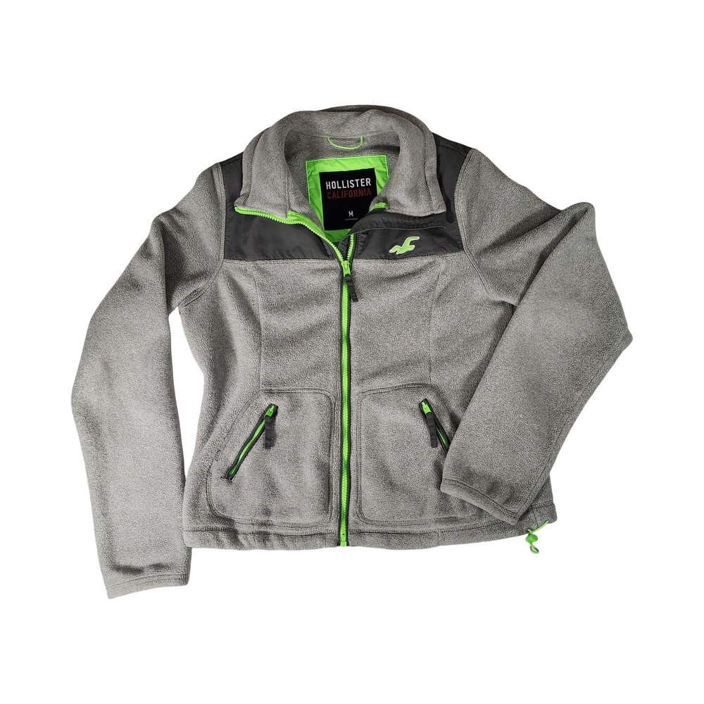 Hollister California Gray Fleece Zip Up Jacket Size M Neon Green Accents
